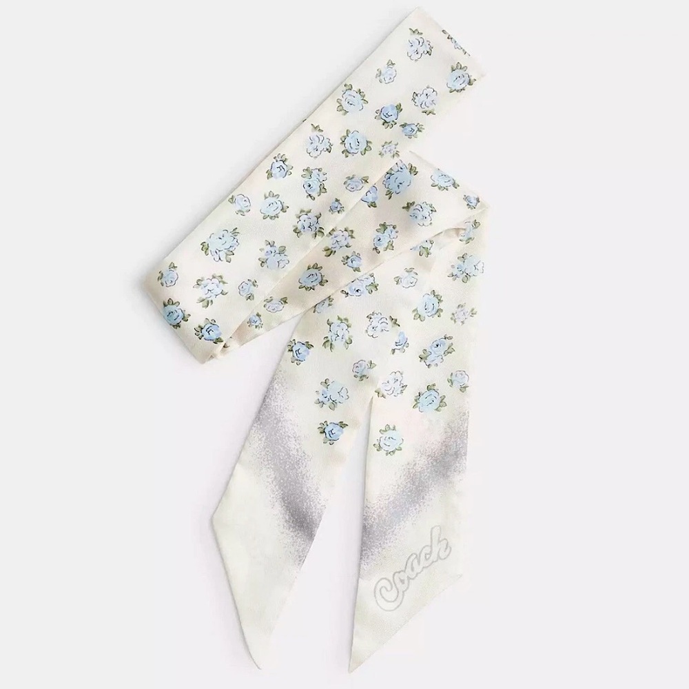 SOLD - Coach Lotus Flowers Print Silk Skinny Scarf Chalk / Grey Blue